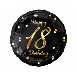 Fóliový balónek Happy 18 Birthday, černý, zlatý potisk, 18"