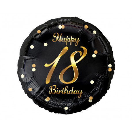 Fóliový balónek Happy 18 Birthday, černý, zlatý potisk, 18"