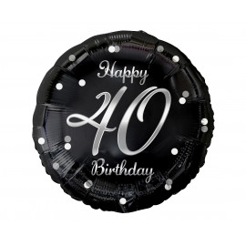 Fóliový balónek Happy 40 Birthday, černý, stříbrný potisk, 18"